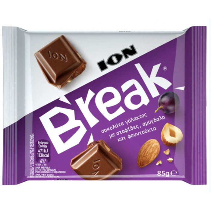 Melkchocolade met rozijnen, amandelen en hazelnoten "break" - Ion - 85 gr