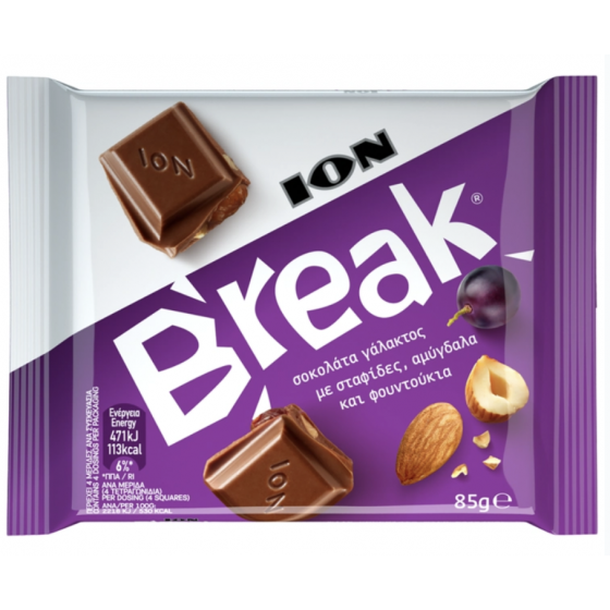Melkchocolade met rozijnen, amandelen en hazelnoten "break" - Ion - 85 gr
